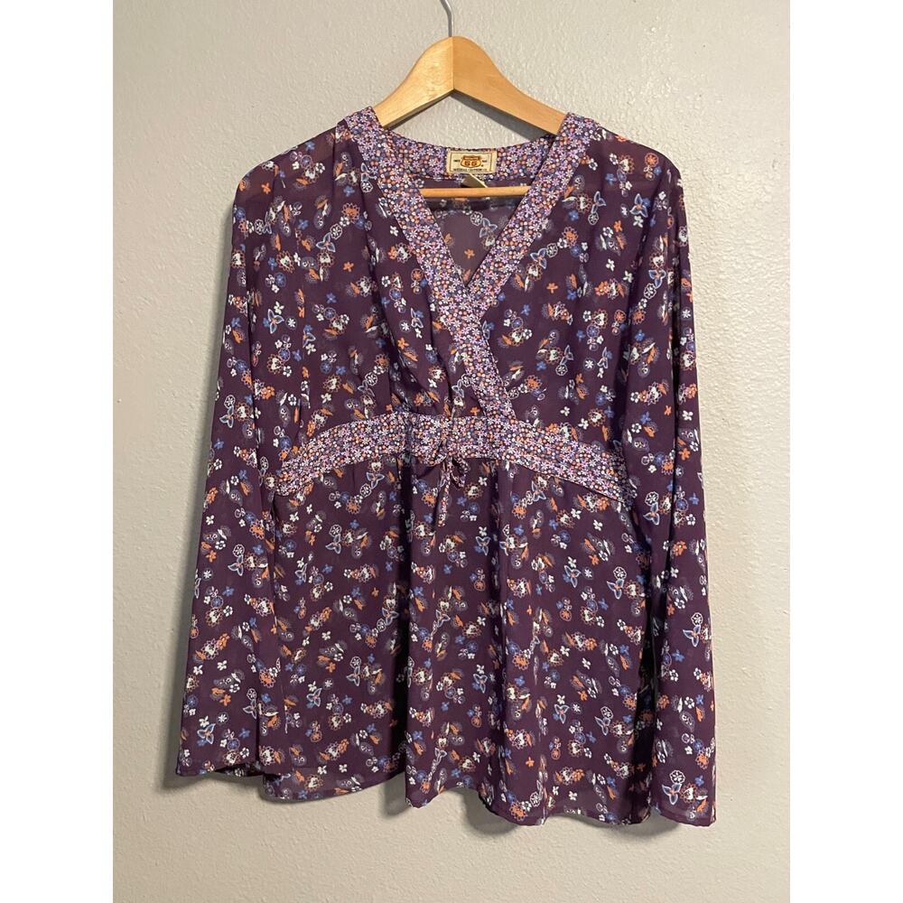 Vintage Route 66 Womens Top Large Purple Floral Chiffon Sheer Babydoll Boho 90s